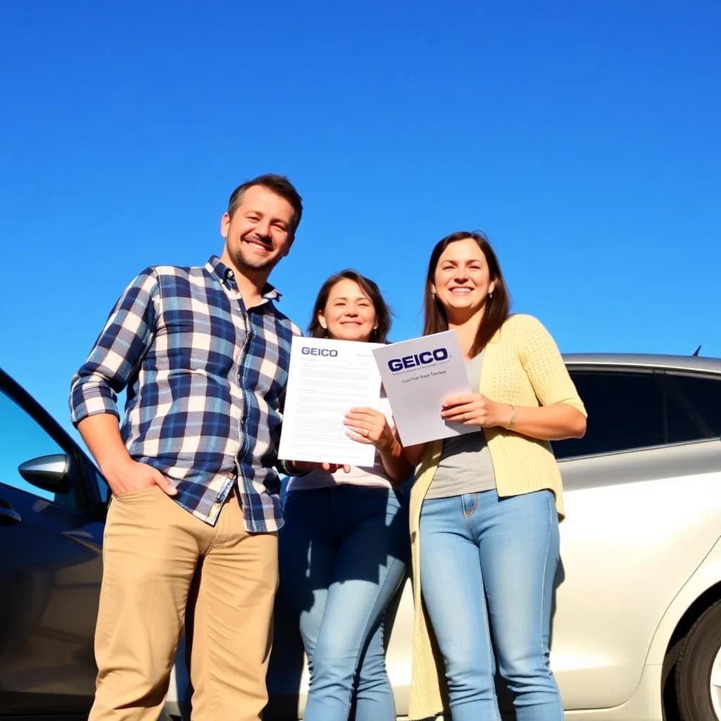 Happy family with car and GEICO insurance